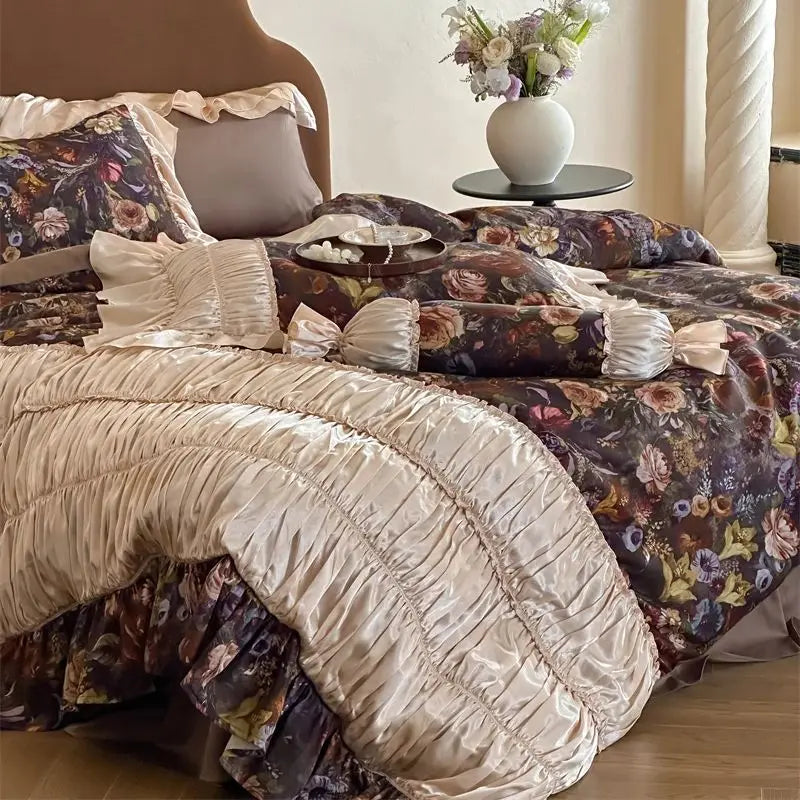 Afralia™ Vintage French Flowers Lace Ruffles Egyptian Cotton Bedding Set