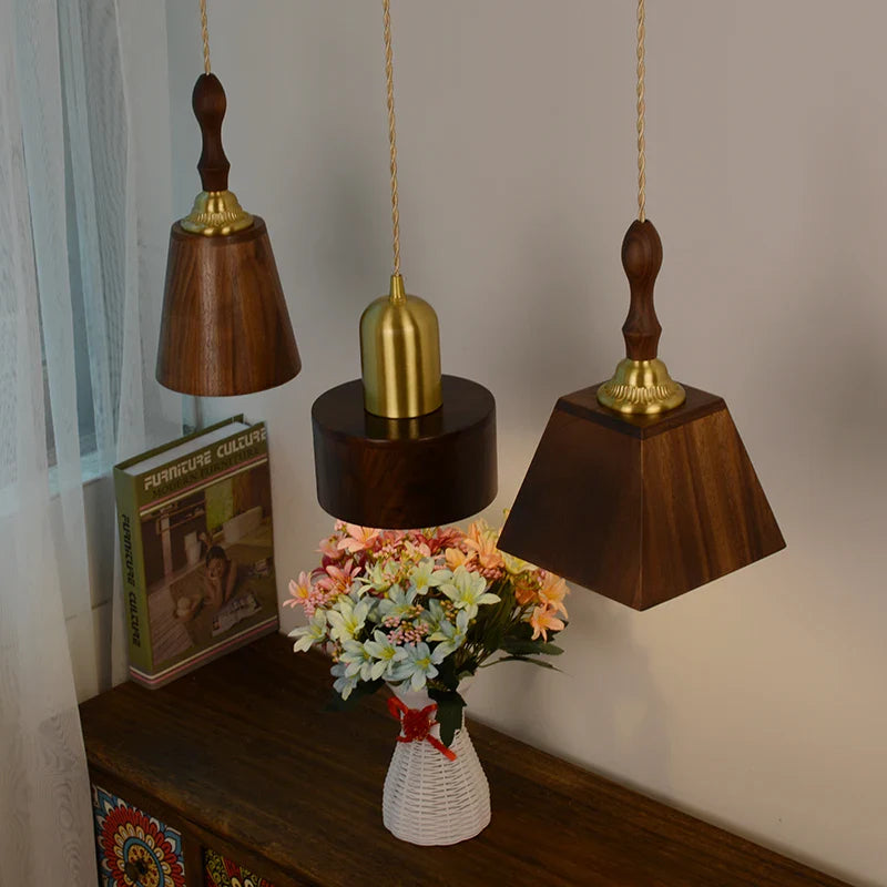 Afralia™ Walnut Wood LED Pendant Light in Copper Japan Style Hanging Lamp