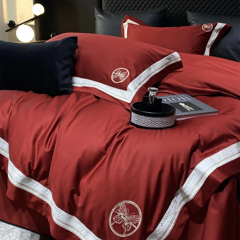 Afralia™ Luxury Butterfly Embroidery Champagne 4Pcs Bedding Set with Duvet Cover, Bed Sheet & Pillowcases