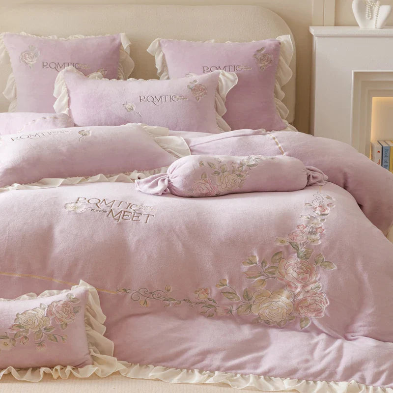 Afralia™ Rose Flowers Embroidery Princess Bedding Set - 4Pcs