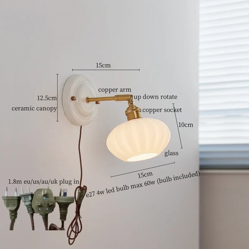 Afralia™ White Glass LED Wall Lights Pull Chain Switch Copper Arm - Bedroom Stair Living Room Mirror Bedside Lamp