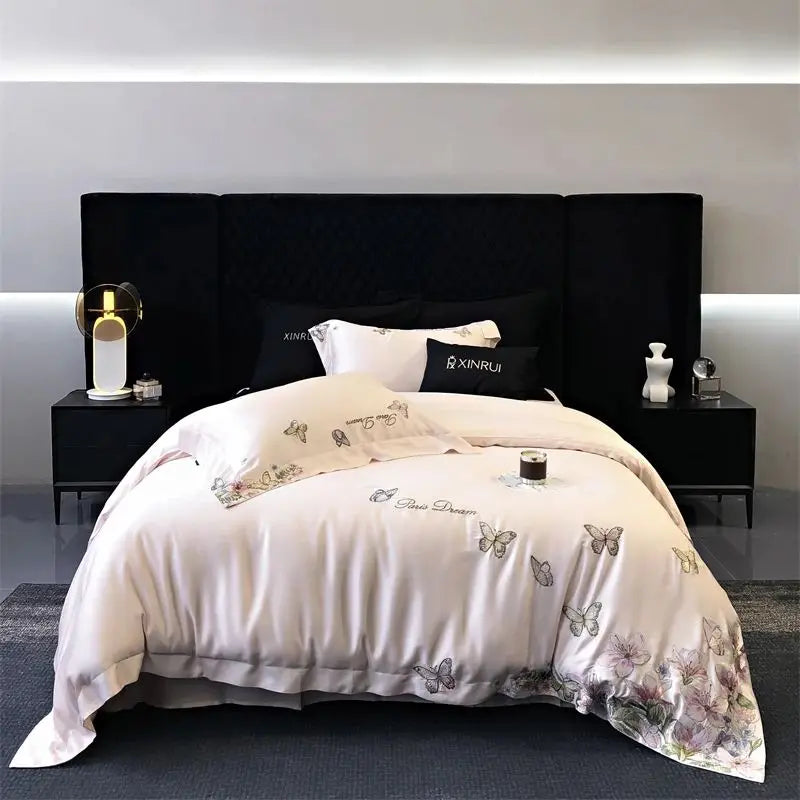 Afralia™ Butterfly Flowers Embroidery Bedding Set: Silky Soft Eucalyptus Fiber Duvet Cover