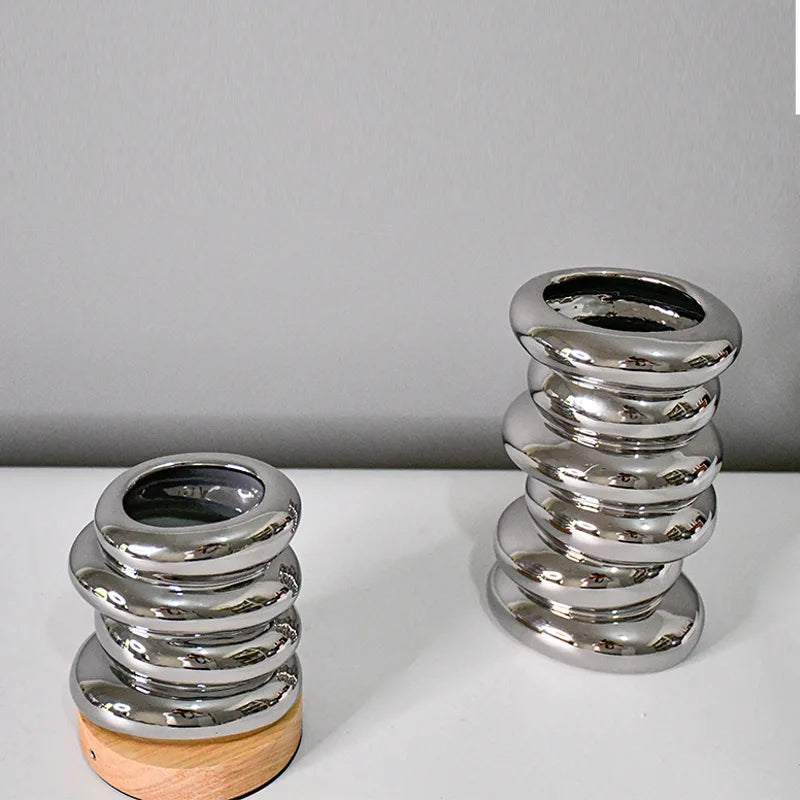 Afralia™ Silver Pebble Ceramic Geometric Vase for Floral Arrangement and Room Decoration