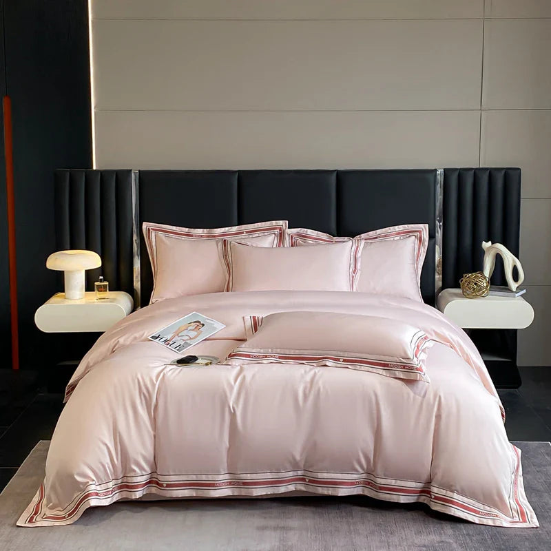 Afralia™ Solid Embroidery Bedding Set - King Queen Ru Size Bed Linens Comforter Cover Set