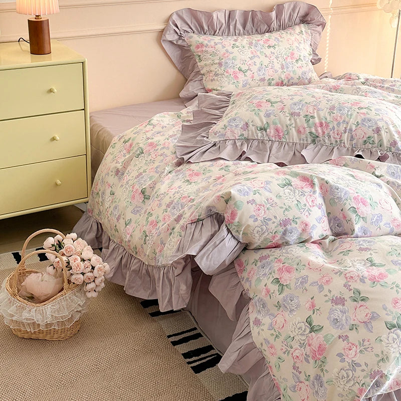 Afralia™ French Floral Cotton Bedding Set with Big Lace Ruffles, Fresh Flowers