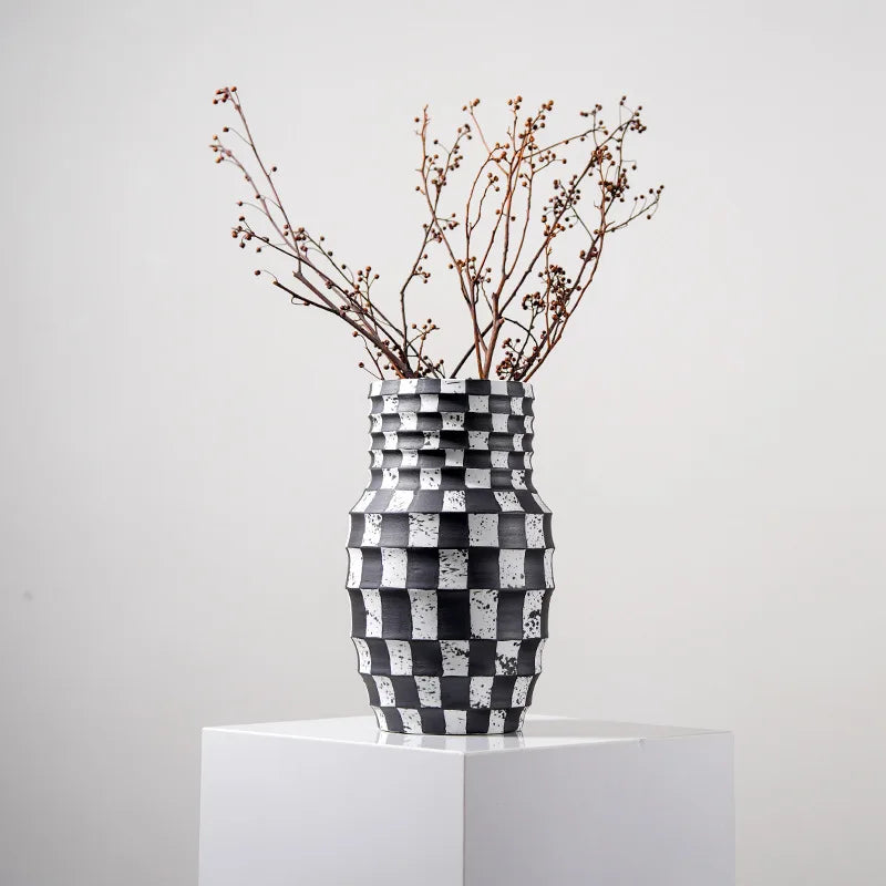 Afralia™ Black Check Geometric Striped Ceramic Vase - Handcrafted Floral Arrangement Pot