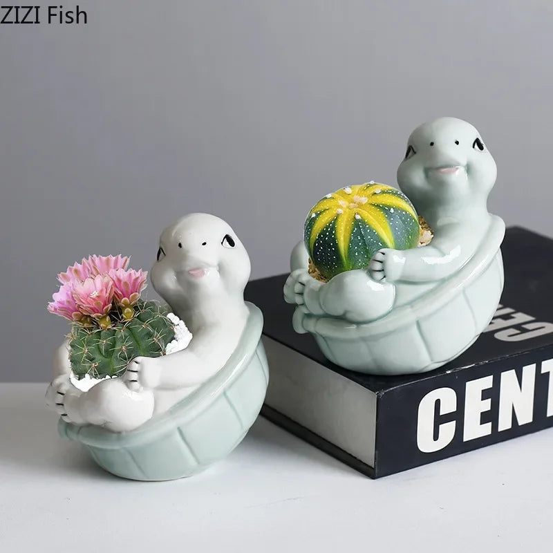 Afralia™ Cartoon Turtle Ceramic Vase for Table Decoration and Flowers Arrangement