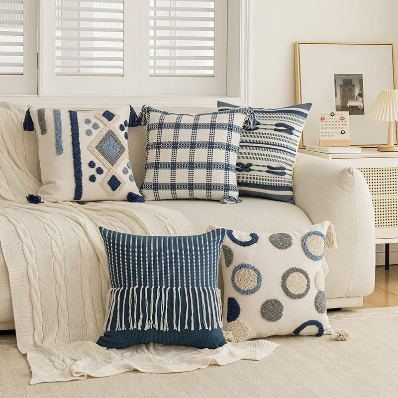 Nordic Blue Tufted Cushion Cover with Geometric Stripe Grid & Crochet Tassels by Afralia™