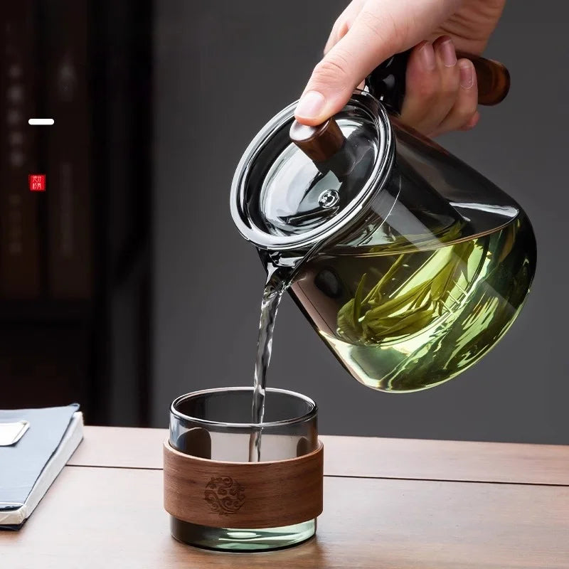 Afralia™ Glass Tea Set with Wooden Handle Teapot on Retro Glass Tray