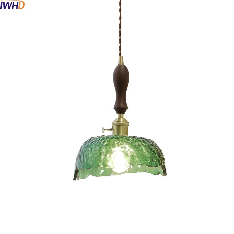 Afralia™ Green Glass LED Pendant Lamp with Knob Switch, Copper Chandelier