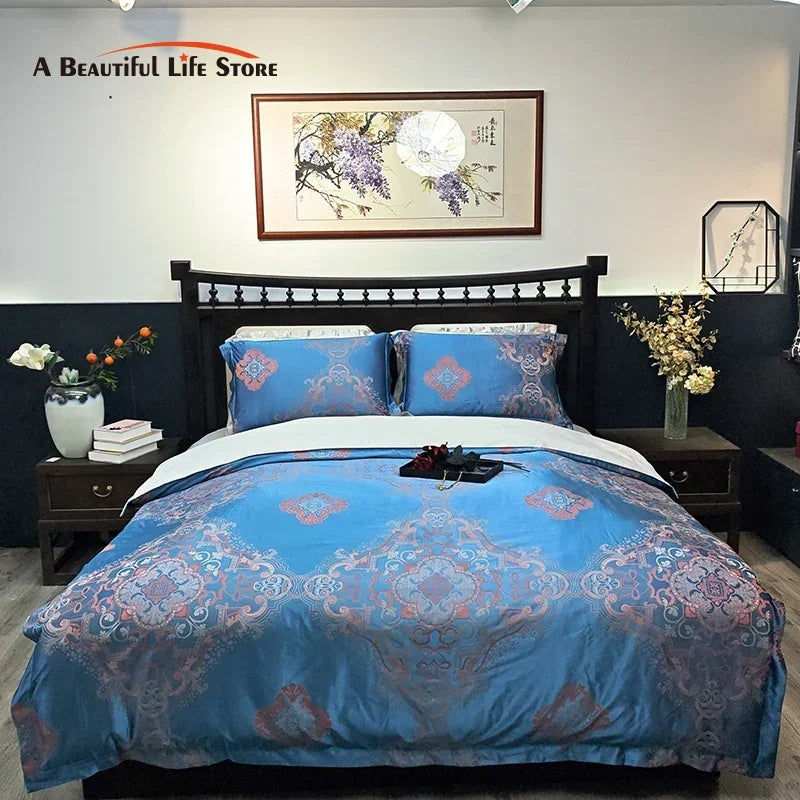 Afralia™ Blue Satin Jacquard Queen Duvet Cover Set with Sheet & Pillowcases