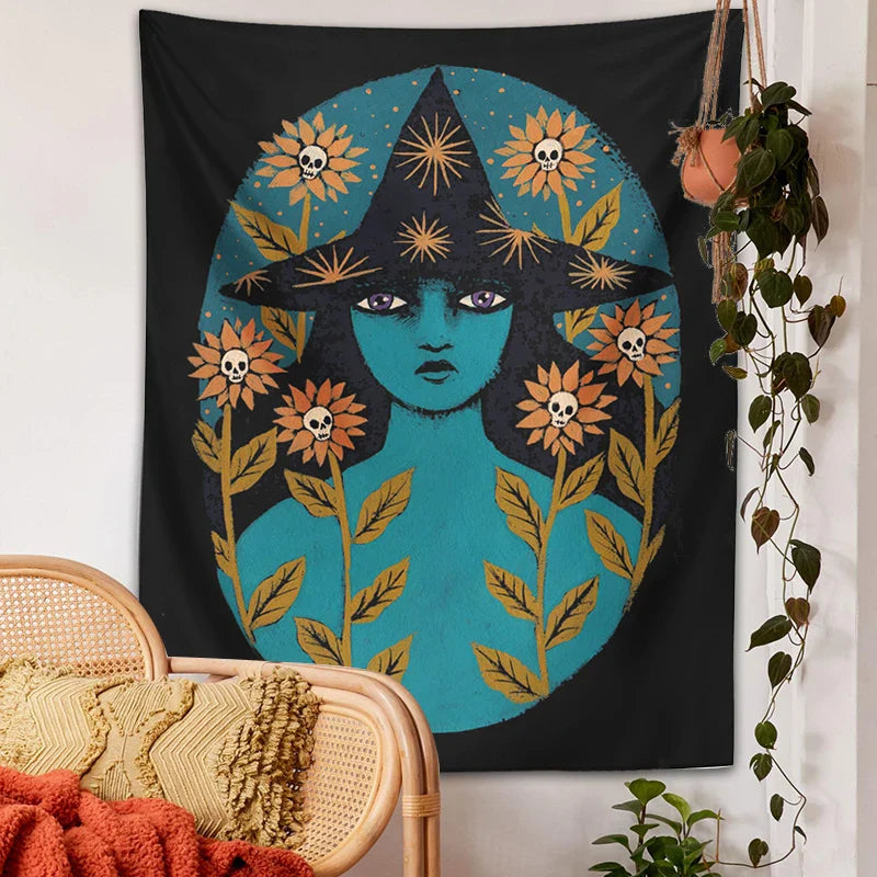 Afralia™ Blue Witches Botanical Tapestry Wall Hanging for Home Room Decor and Aesthetic Magic