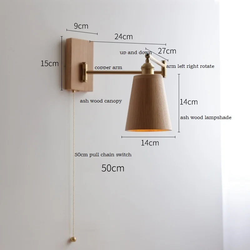 Afralia™ Walnut Ash Wood LED Wall Sconce with Pull Chain Switch for Home Indoor Lighting