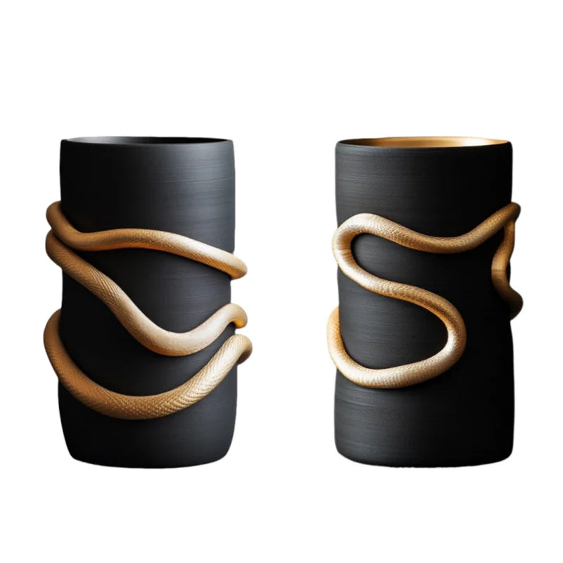 Afralia™ Black Snake Pattern Vase with Gold Accents