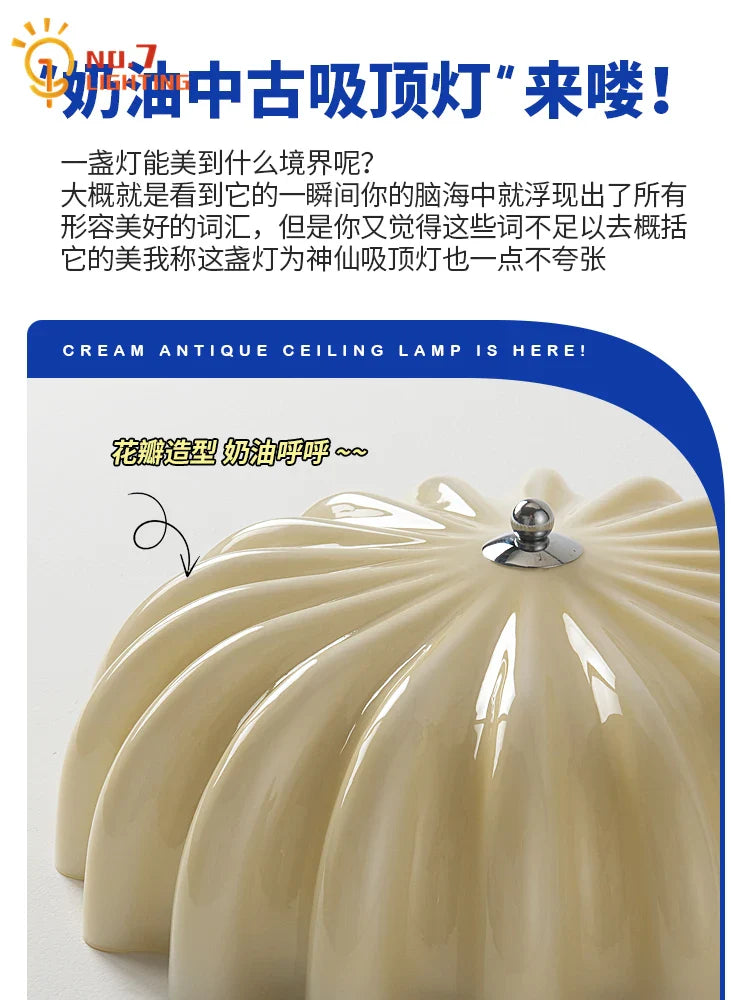 Afralia™ Cream Wind LED Glass Ceiling Lamp: French Design for Bedroom, Study, Balcony, Cafe