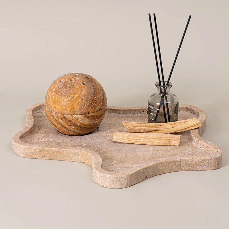 Afralia™ Travertine Marble Incense Burner Ball Shape Stone Holder Home Decor Tray