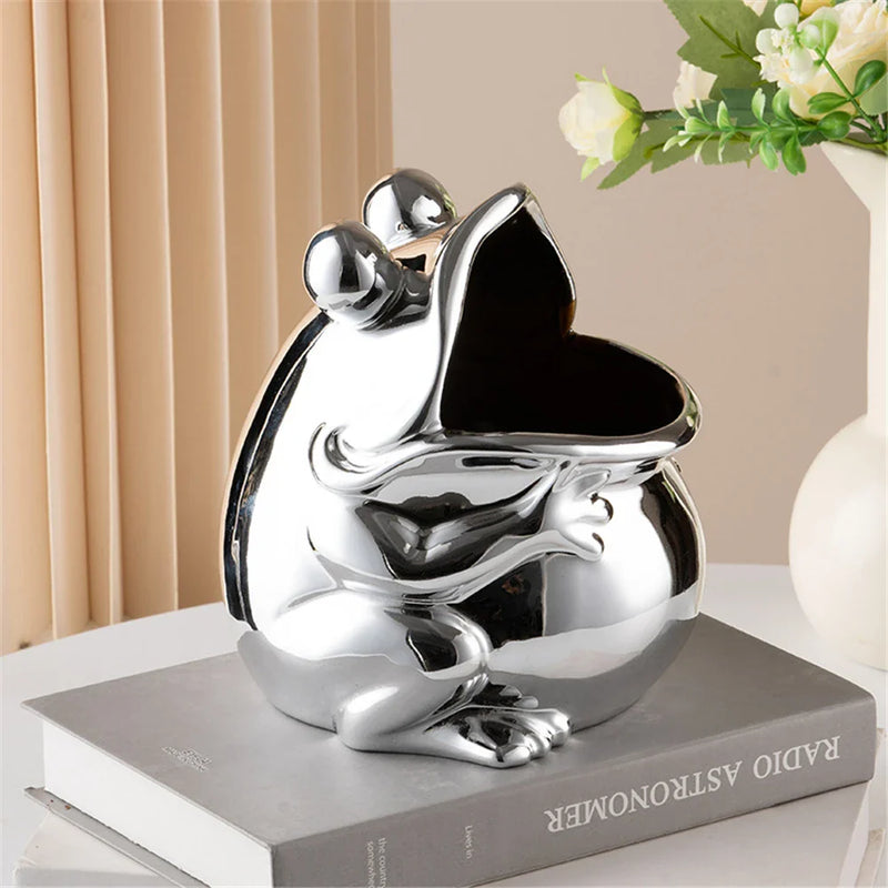 Afralia™ Frog Sculpture Storage Box: Silver Green Desk Ornament & Home Decoration