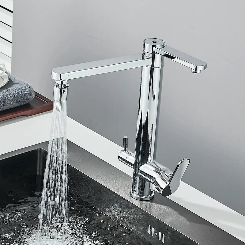 Afralia™ Chrome Dual Handle Dual Spout Kitchen Faucet - 360° Swivel Mixer Tap