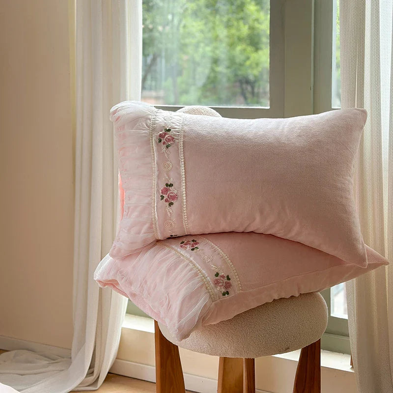 Afralia™ Pink Velvet Fleece Bedding Set with Flowers Embroidery & Lace Pleat
