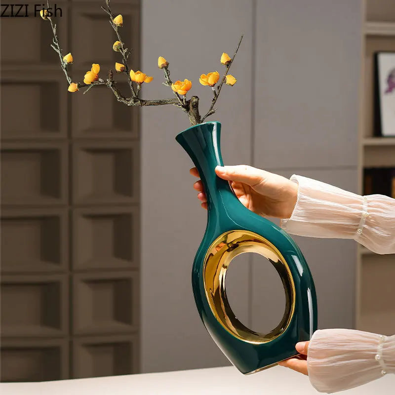 Afralia™ Gold Ceramic Vase with Artificial Flowers for Elegant Room Decor