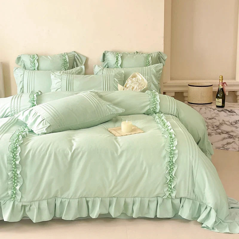 Afralia™ Princess Ruffles Bedding Set: Duvet Cover, Bed Sheet, Pillowcases - Cream White Color