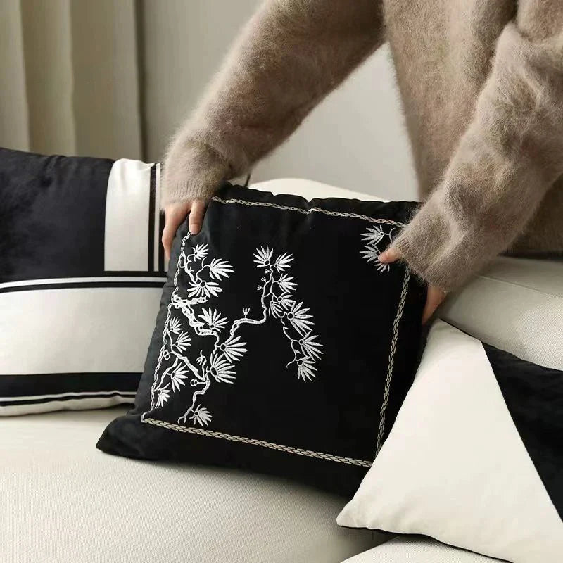 Afralia™ Embroidered Black White Minimalist Cushion Cover Light Luxury Home Decor Pillow