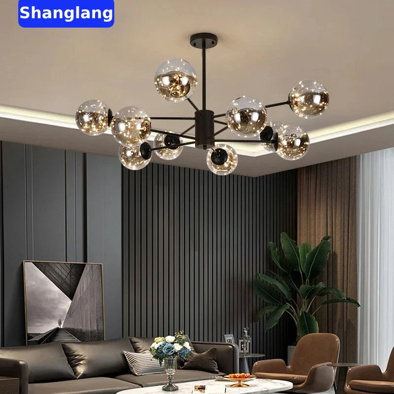 Afralia™ Black Glass Ball LED Chandelier for Living Room, Bedroom - Dimmable Nordic Luxury Fixture