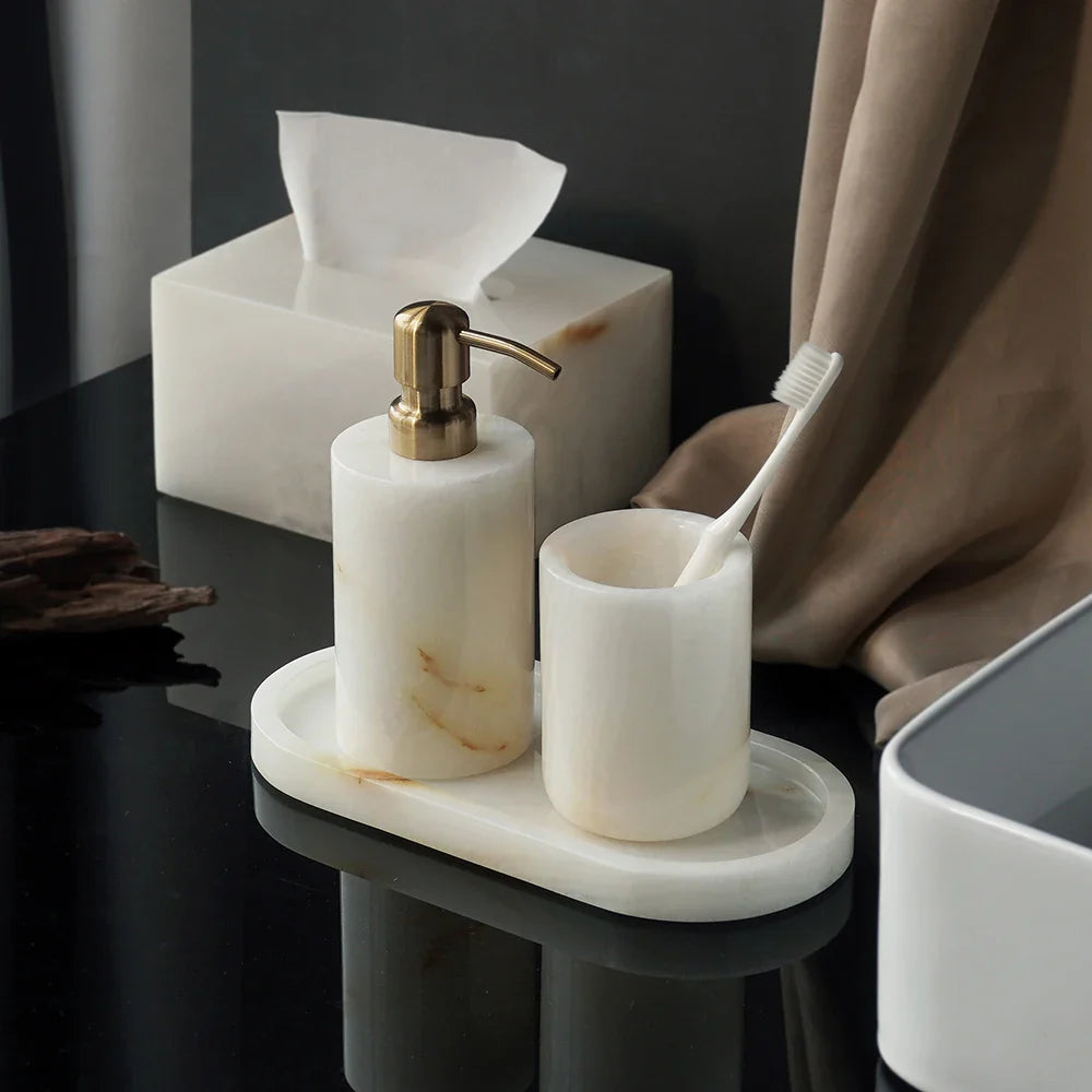 Afralia™ White Onyx Marble Bathroom Accessories Set for Elegant Bath Decor