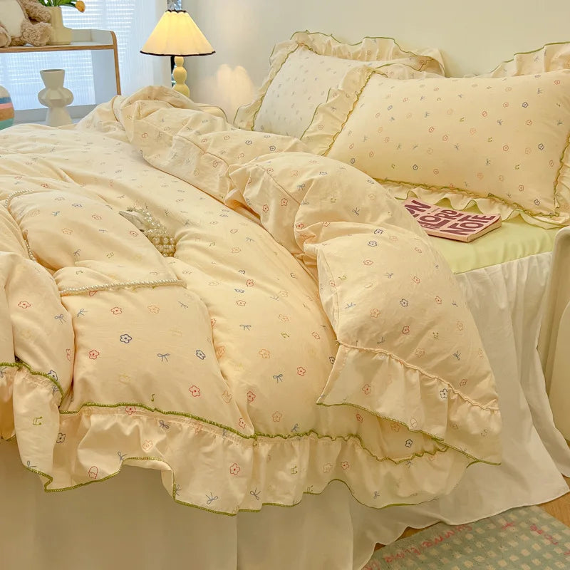 Afralia™ Korean Princess Floral Print Bedding Set in Washed Cotton for Girls