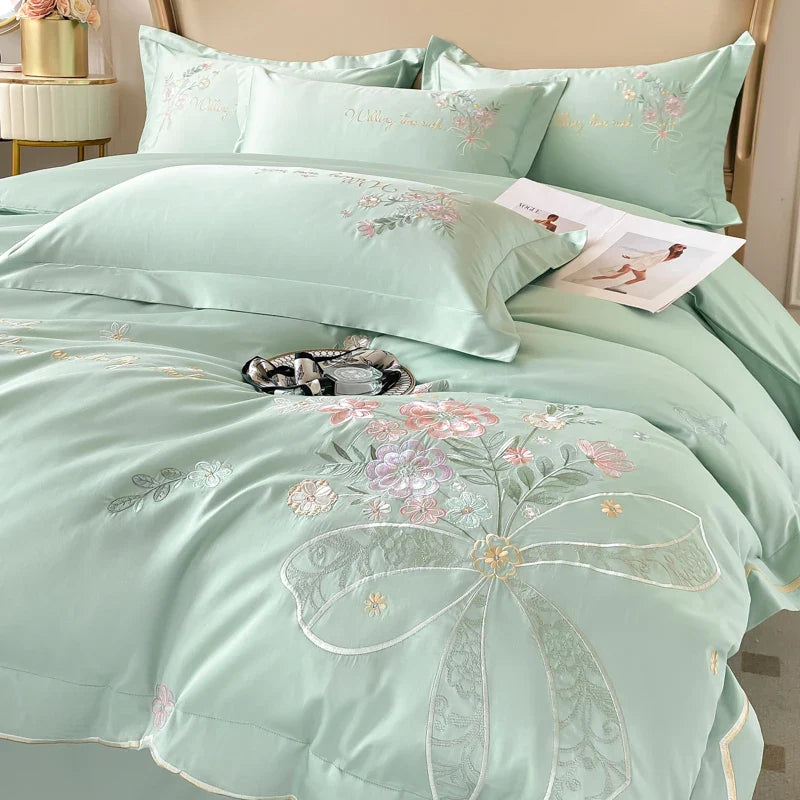 Afralia™ Chic Flowers Embroidery Bedding Set, 100% Cotton, 400TC