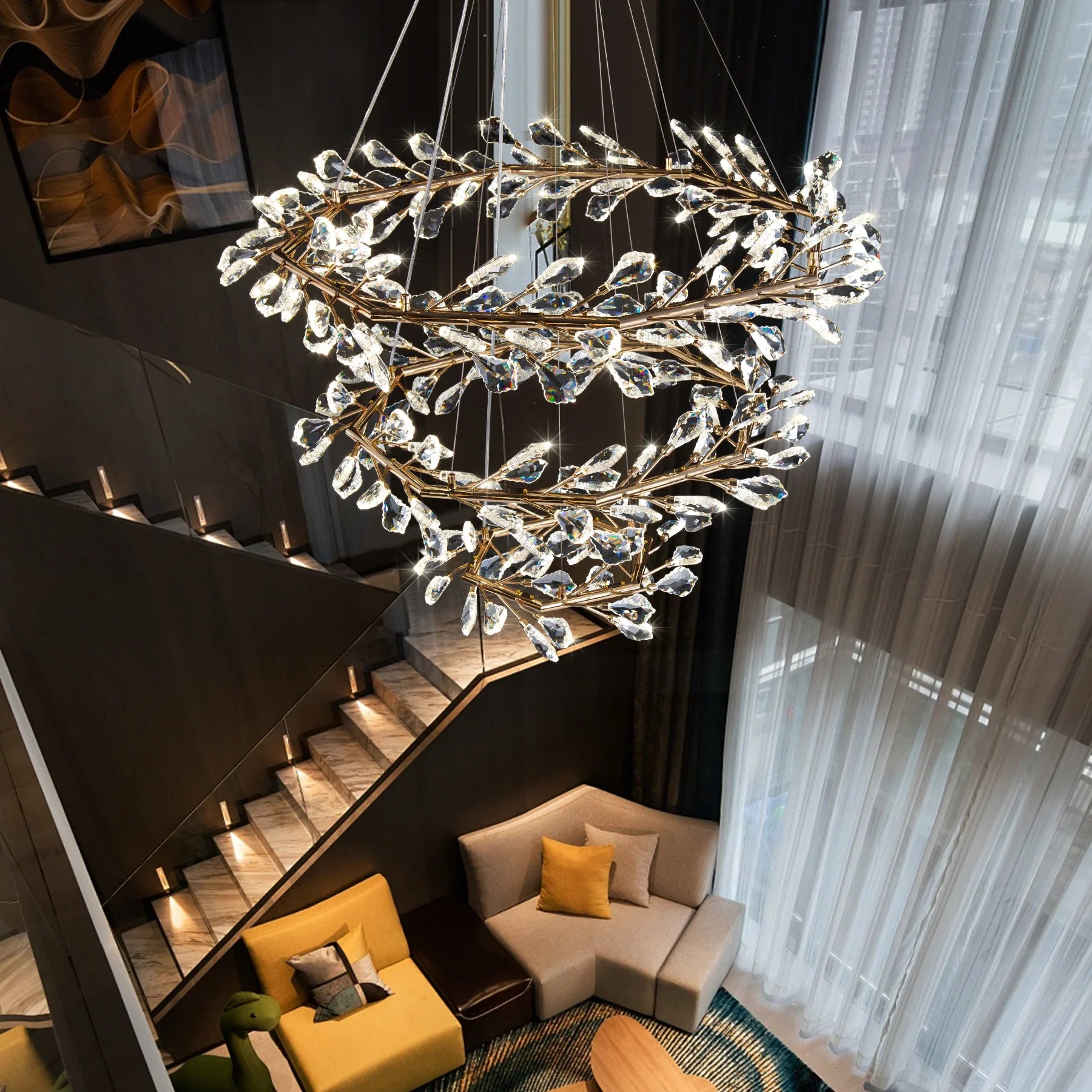 Afralia™ Modern Leaf Crystal Chandelier Ring - Luxury K9 Crystal Pendant Chandelier for Living Room