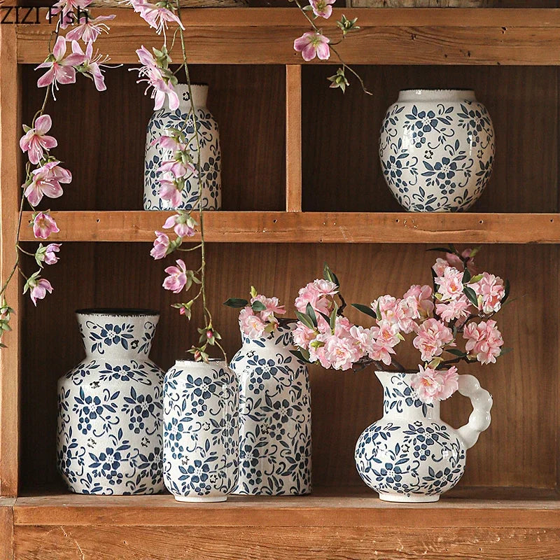 Afralia™ Blue White Porcelain Vase Hydroponic Ceramic Flower Pot Room Decor