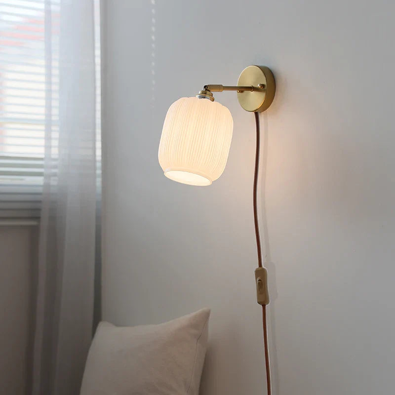 Afralia™ White Glass LED Wall Light with Pull Chain Switch, Japanese Style, Copper Base