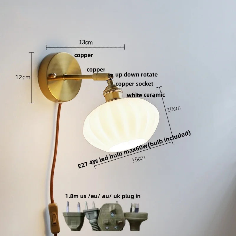 Afralia™ White Glass Copper LED Wall Sconce with Pull Chain Switch