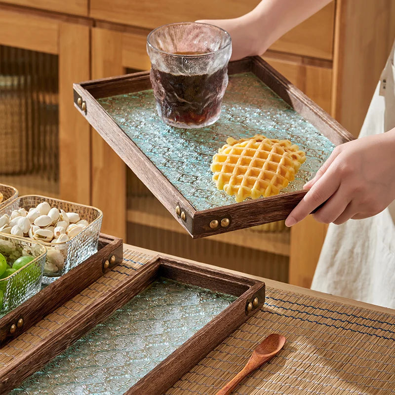 Afralia™ Glass Wood Tea Table Tray, Rectangular Snack Food Fruit Bowl Serving Tray