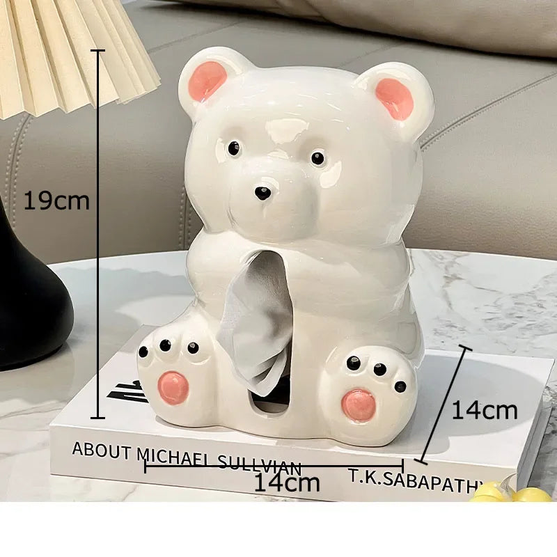 Afralia™ White Bear Ceramic Tissue Box: Cute Cartoon Bear Design for Coffee Table & Desk