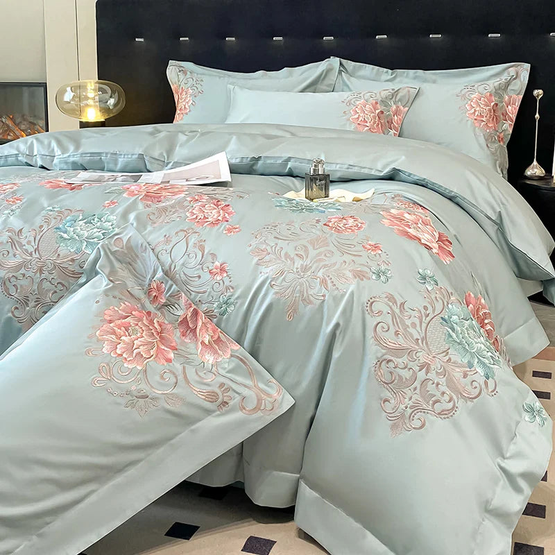 Afralia™ Luxury Flowers Embroidery Cotton Bedding Set - Queen King Size