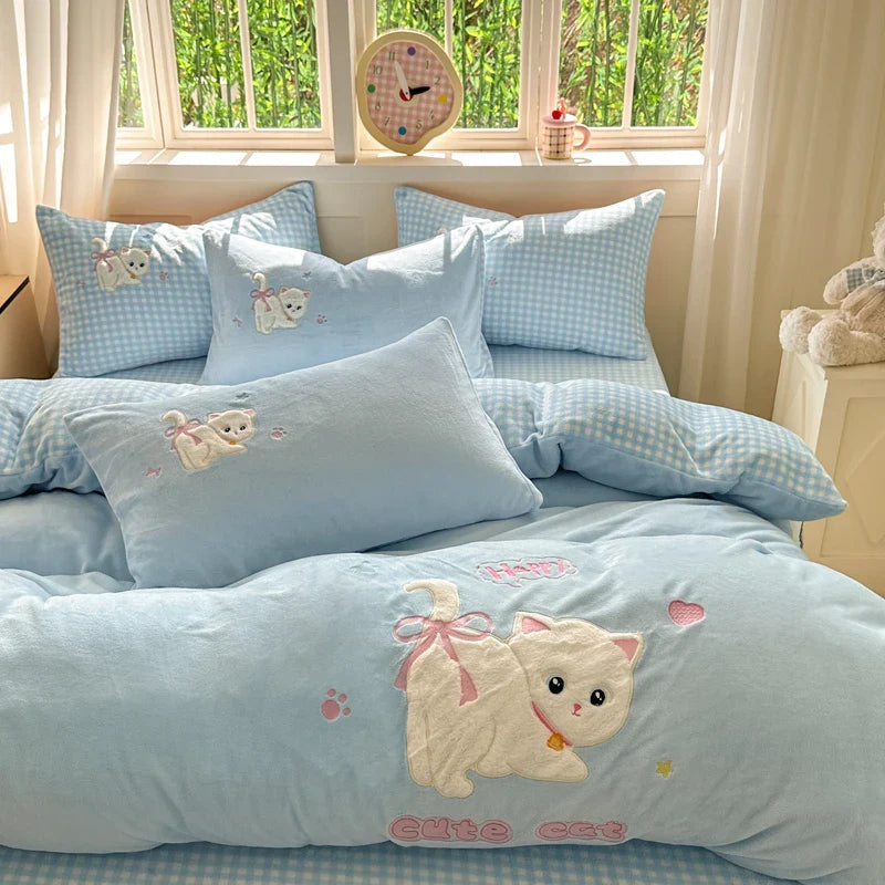 Afralia™ Pink Cat Embroidery Child Bedding Set, Single - King Sizes