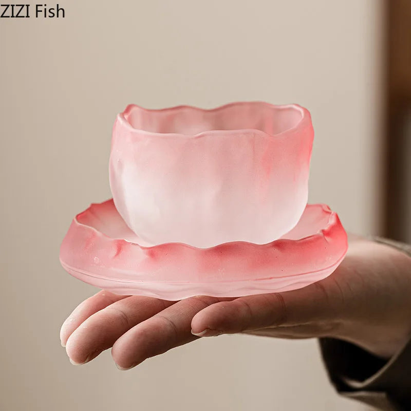 Afralia™ Pink Glass Tea Cups with Saucer Set for Afternoon Tea or Coffee