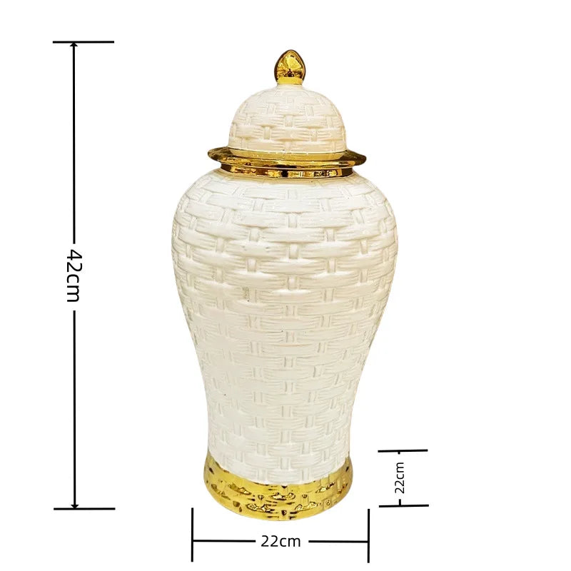 Afralia™ Golden Flower Vase Ceramic Checkmate Jar Weave Pattern Home Decoration Accessories