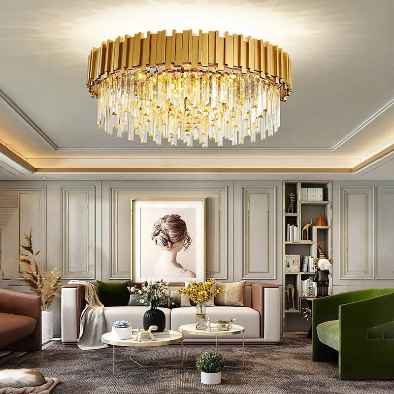 Afralia™ Crystal Gold Chandelier LED Ceiling Pendant for Living Room Bedroom Kitchen Island