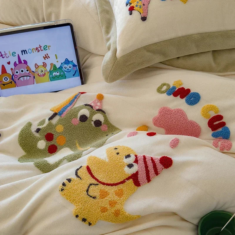 Afralia™ Embroidered Milk Fleece Winter Bedding Set for Warmth & Cozy Comfort