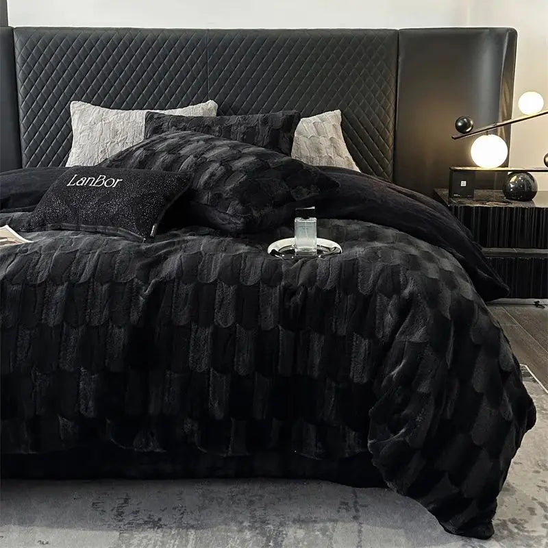 Afralia™ Cozy Faux Rabbit Fur Bedding Set in Black & Grey: Duvet, Sheets, Pillowcases