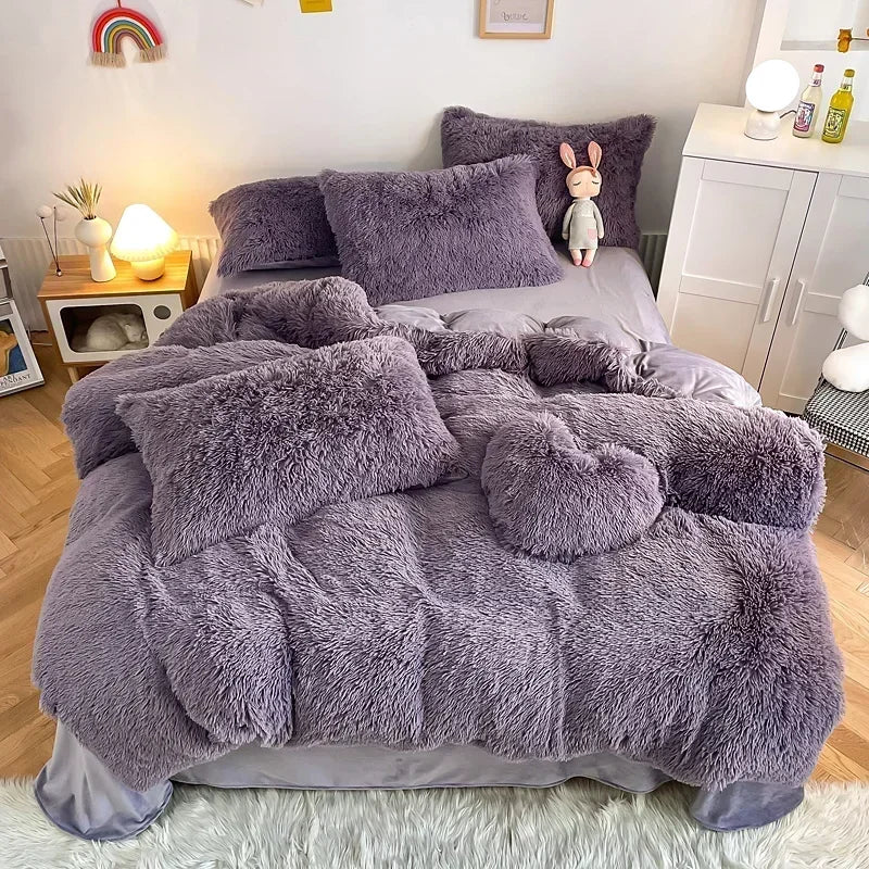 Afralia™ Fluffy Faux Fur Bedding Set: Duvet Cover, Sheet, Pillowcase - Soft & Warm