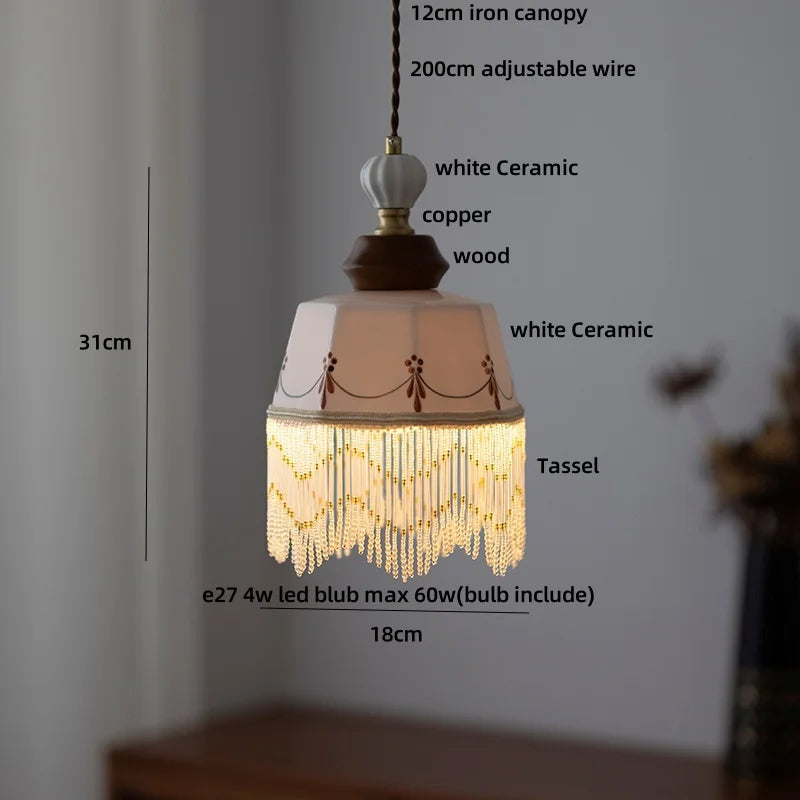 Afralia™ Brown Wood Ceramic Tassel LED Pendant Lights for Modern Interior Lighting
