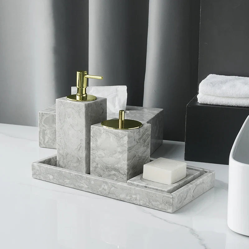 Afralia™ Marble Bathroom Accessories Set - Soap Dispenser, Toothbrush Holder, Cup, Toilet Brush