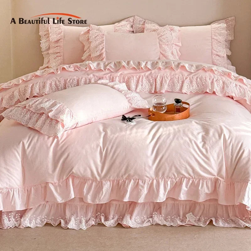 Afralia™ Pink Lace Ruffles Princess Style Cotton Bedding Set with Bed Skirt and Pillowcases