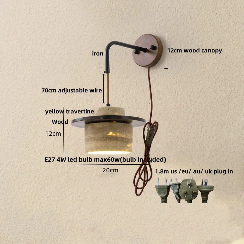 Afralia™ Yellow Travertine LED Wall Lamp with Pull Chain Switch, Nordic Modern Design
