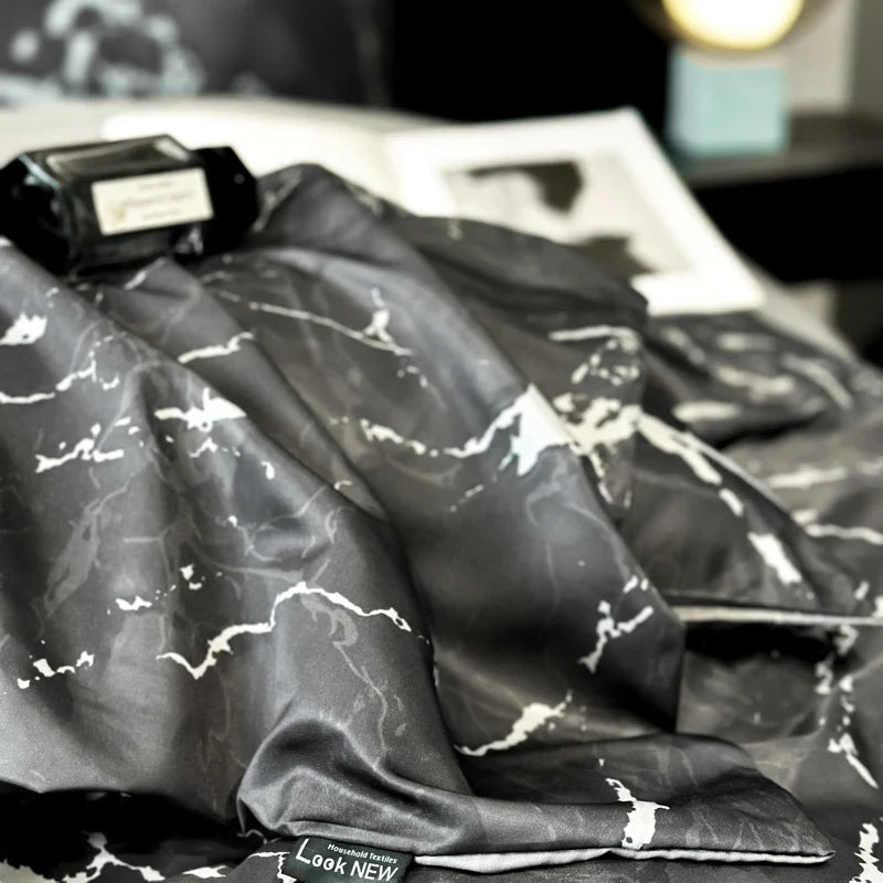 Afralia™ Black Grey Marble Ice Silk Duvet Cover Set - Luxury Cooling Comfort, Nordic Style