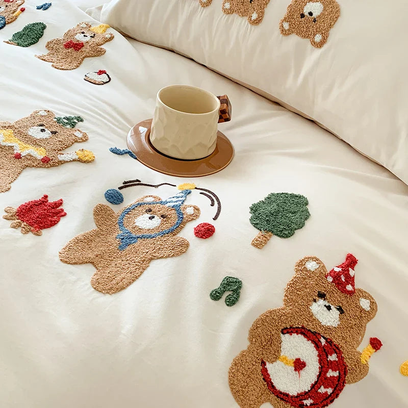 Afralia™ Cute Bear Embroidery Bedding Set with Duvet Cover, Sheet and Pillowcases